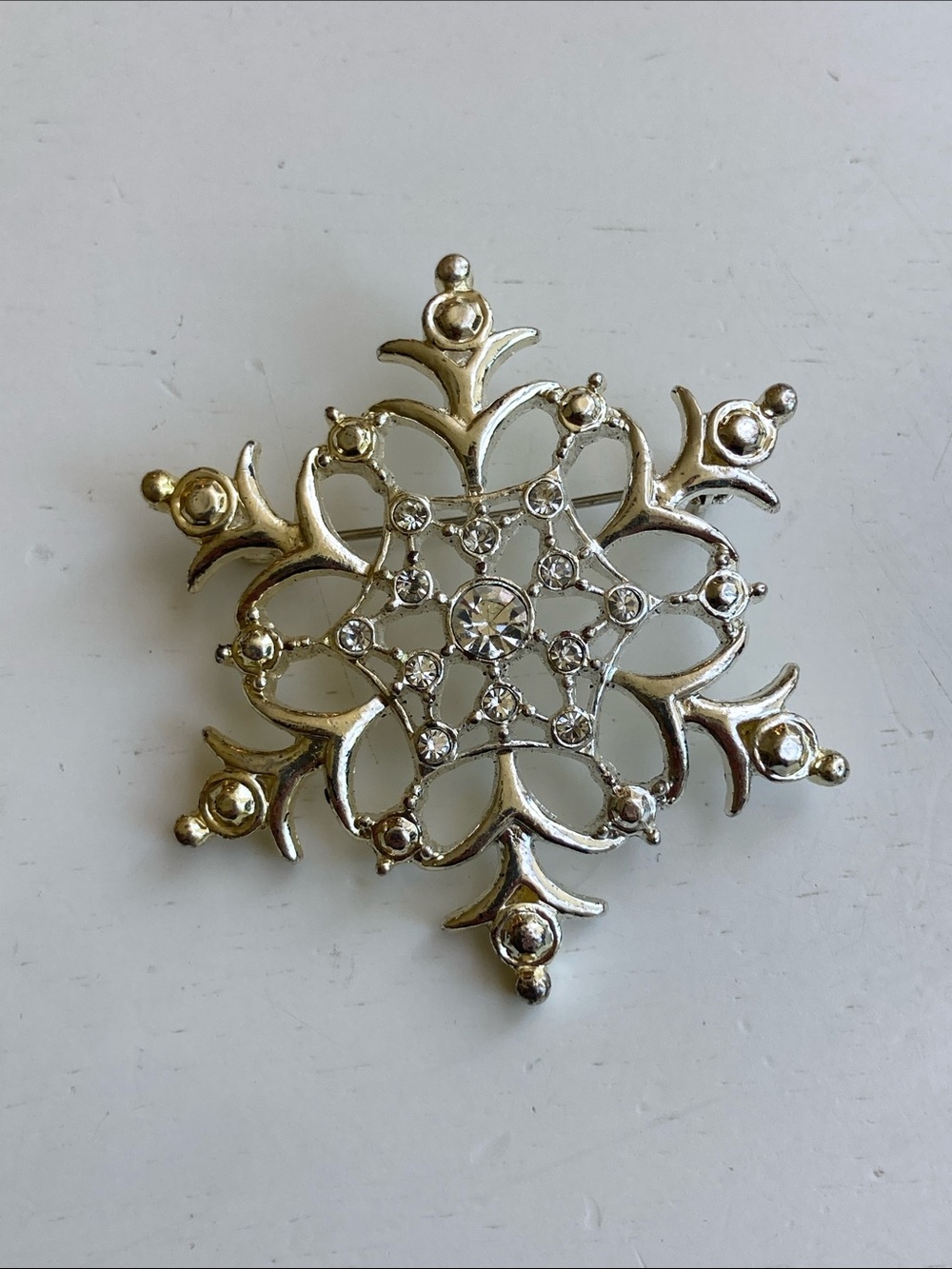 Macy's Silver Tone Snowflake Brooch with Clear Crystals